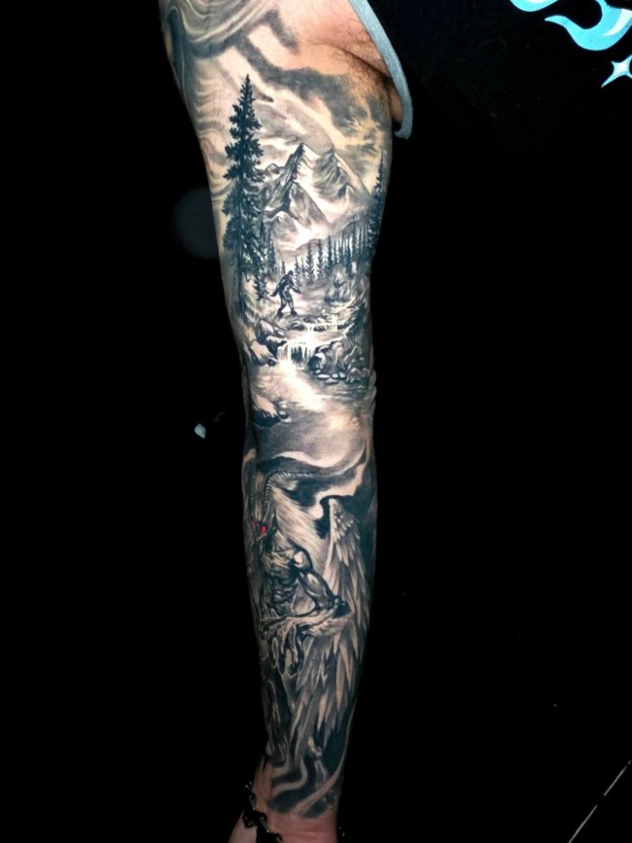 Healed Bigfoot scenery tattoo by Kyle Stofferahn